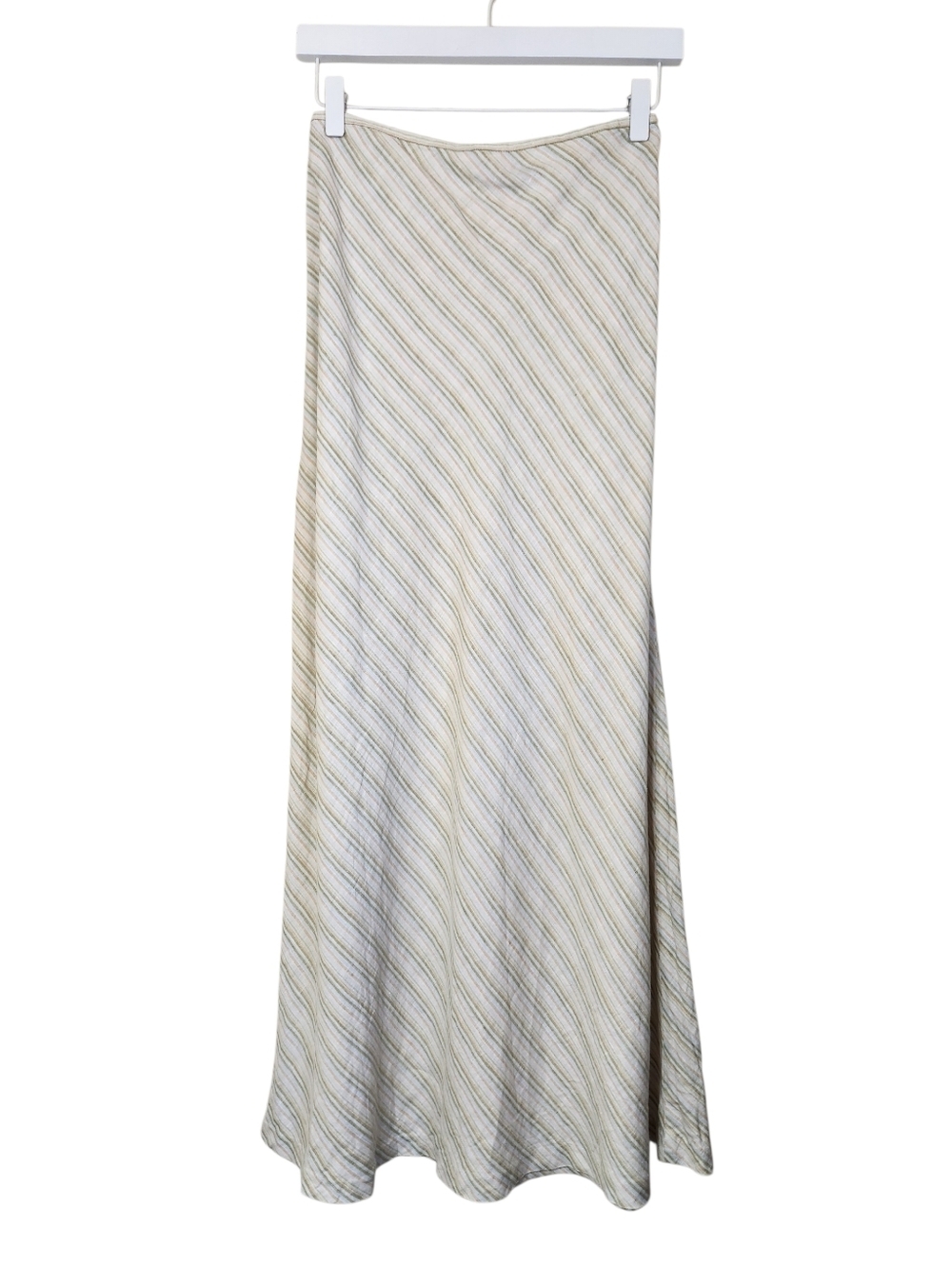 Merona 100% Linen Striped Green Ivory Maxi Skirt Sz 16 Y2K Minimalist Neutral